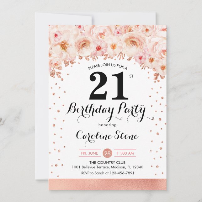 21st Birthday Party - Rose Gold Flowers Invitation (Front)