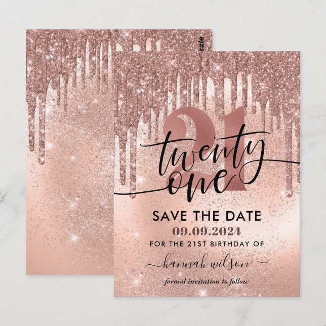 21st Birthday Party Rose Gold Save The Date Postcard (Front/Back)