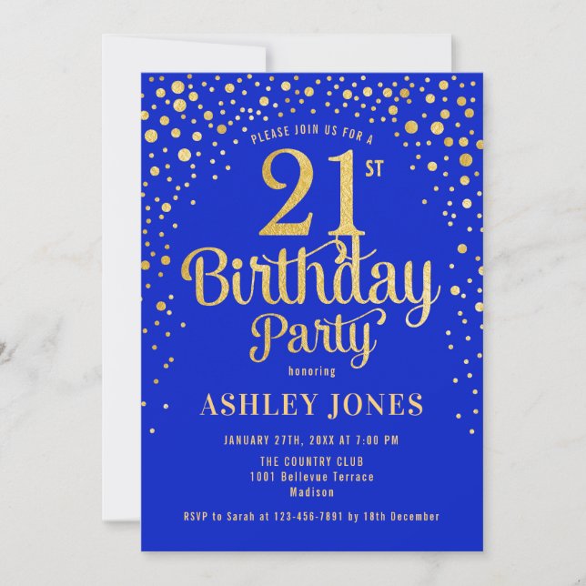 21st Birthday Party - Royal Blue & Gold Invitation (Front)