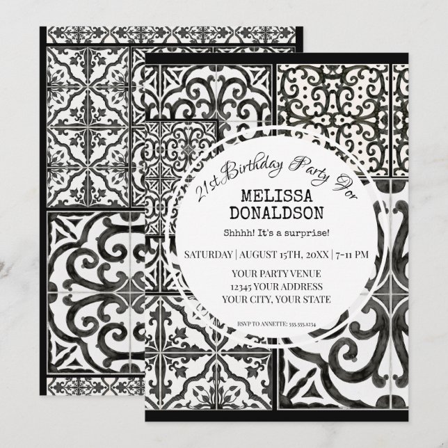 21st Birthday Party Rustic Farm Tile Black White Invitation (Front/Back)