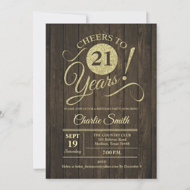 21st Birthday Party - Rustic Wood Gold Invitation (Front)
