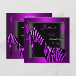 21st Birthday Party Shoe Purple Black Zebra Invitation