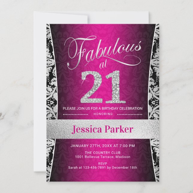 21st Birthday Party - Silver Pink Black Invitation (Front)