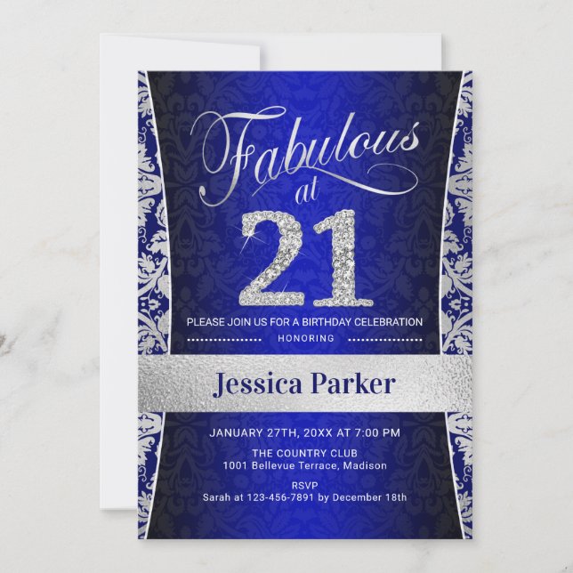 21st Birthday Party - Silver Royal Blue Invitation (Front)