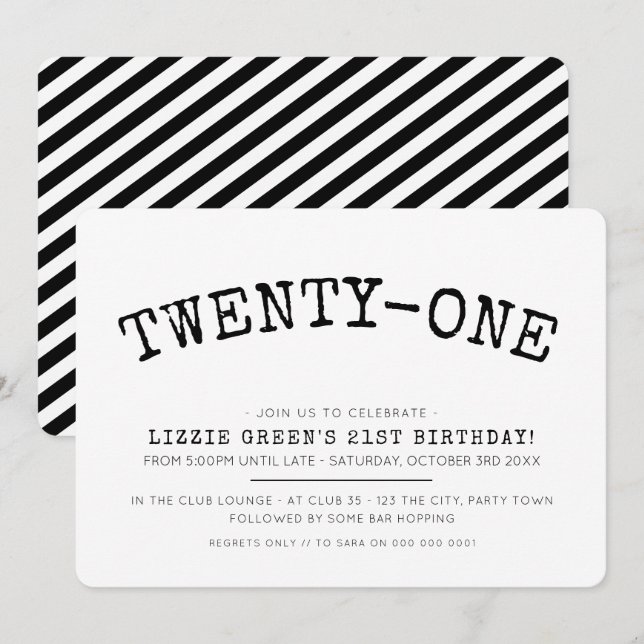21ST birthday party simple modern minimal black Invitation (Front/Back)