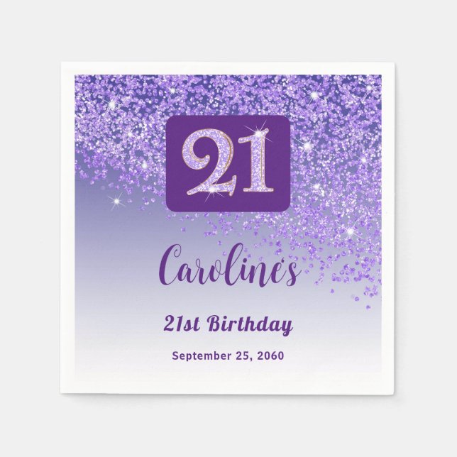 21st Birthday Party Sparkle Purple Glitter Napkin (Front)