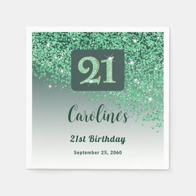 21st Birthday Party Sparkling Green Glitter Napkin (Front)