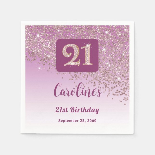 21st Birthday Party Sparkling Rose Gold Glitter Napkin (Front)