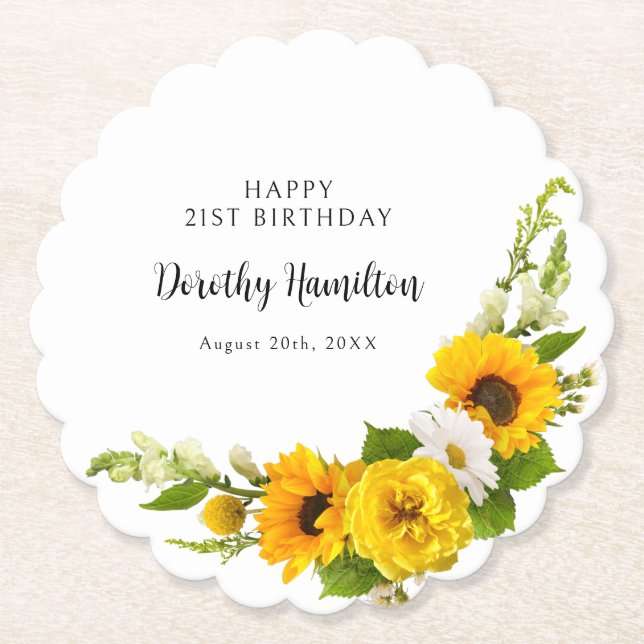 21st Birthday Party Sunflower Daisy Custom Paper Coaster (Front)