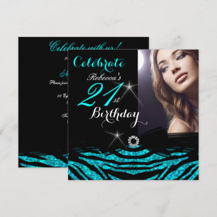 21st Birthday Party Teal Blue 21 Zebra Photo 4 Invitation