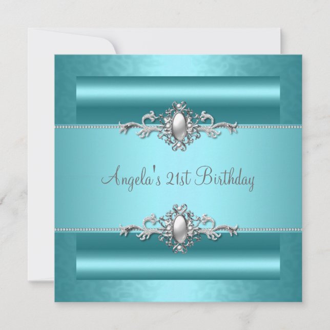 21st Birthday Party Teal Blue Silver Pearl Jewel Invitation (Front)