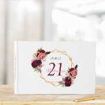 21st birthday party white pink floral geometric guest book<br><div class="desc">A Guest Book for a 21st birthday party. A chic white background with a faux gold geometric frame. Decorated with dark purple and burgundy flowers, roses and boho style feathers. Templates for a name, age 21 and a date. Date of birth or the date of the party. The name is...</div>