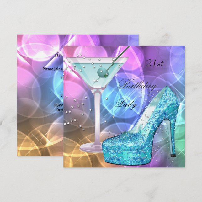 21st Birthday Party White Pink Teal Martini Shoe Invitation (Front/Back)