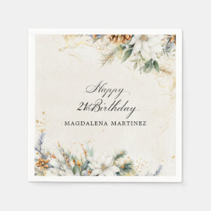 21st Birthday Party White Winter Floral Custom Napkin