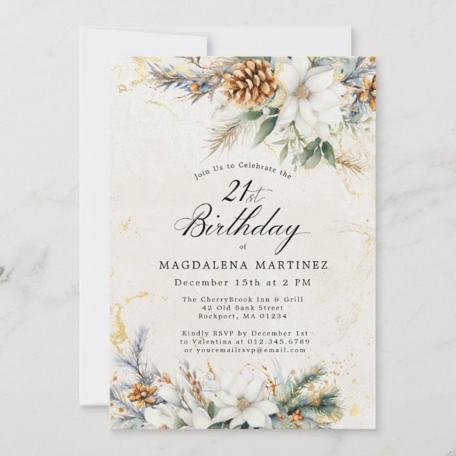 21st Birthday Party Winter White Floral Greenery Invitation (Front)