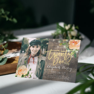 21st Birthday Party Wood Floral String Light Photo Invitation