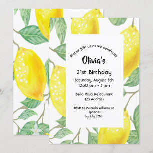21st birthday party yellow lemons white invitation