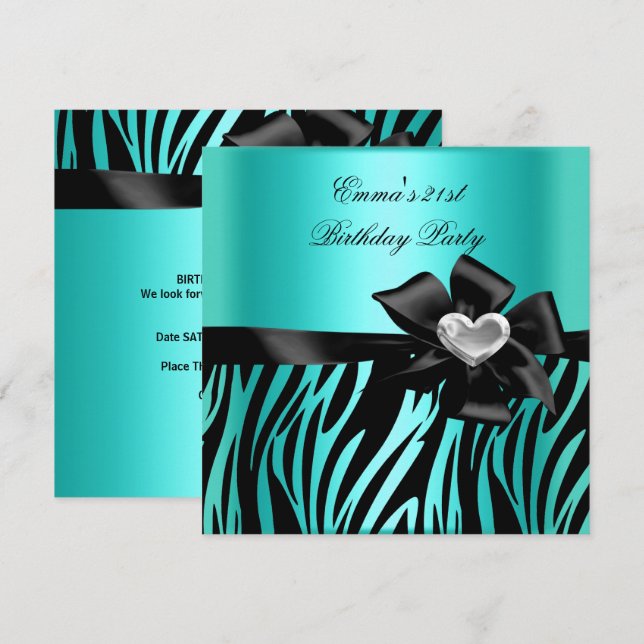 21st Birthday Party Zebra Silver Teal Blue Black Invitation (Front/Back)