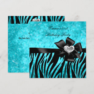 21st Birthday Party Zebra Silver Teal Blue Black Invitation