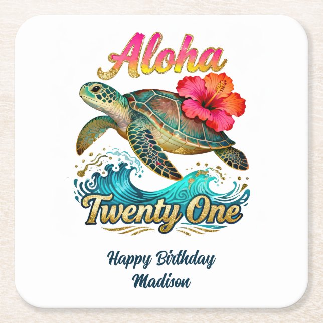  21st Birthday Personalized Tropical Ocean Theme Square Paper Coaster (Front)
