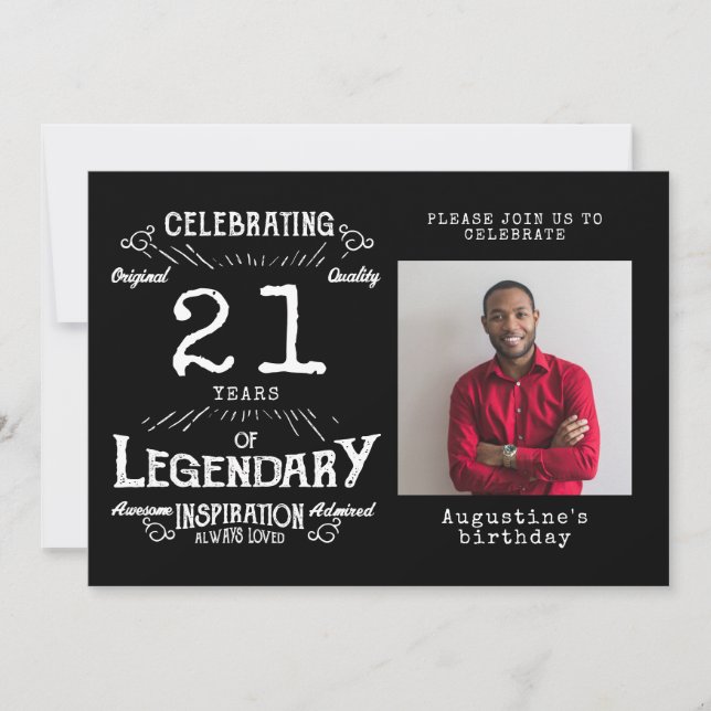 21st Birthday Photo Black Vintage Invitation (Front)
