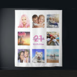 21st birthday photo collage white pink tapestry<br><div class="desc">For a 21st birthday, celebrating her life with a collage of 8 of your photos of her friends, family, interest or pets. Personalize and add her name, age 21 and a date. Date of birth or the date of the birthday party. Pink and purple coloured letters. A chic white background...</div>