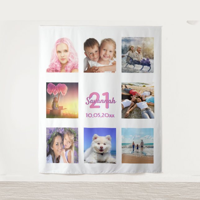21st birthday photo collage white pink tapestry (Front)