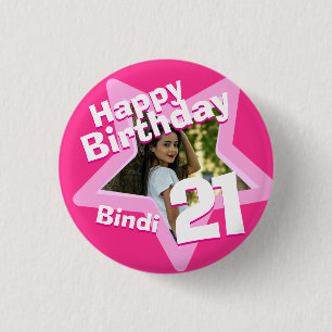 21st Birthday photo fun hot pink button/badge 1 Inch Round Button