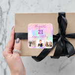 21st birthday photo glitter rainbow holographic square sticker<br><div class="desc">For a 21stbirthday party. A collage of 3 of your photos of herself, friends, family, interest or pets. A girly, feminine rainbow, holographic coloured background in purple, pink, rose gold and mint green. Decorated with faux glitter drips, paint dripping look. Personalize and add her name and age 21. The text:...</div>