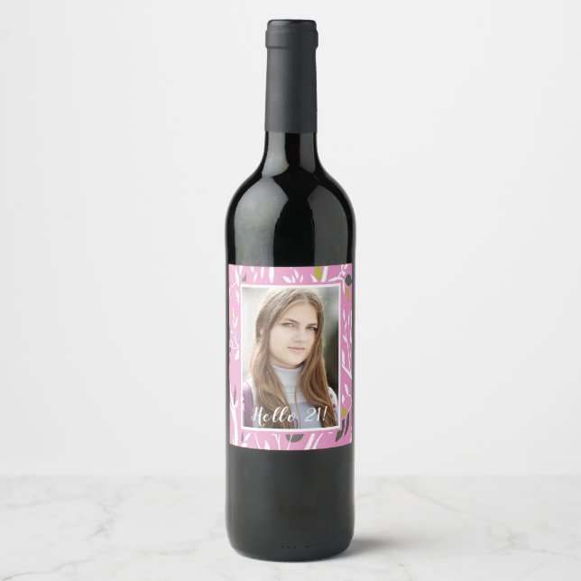 21st birthday photo pink botanical pattern wine label (Front)