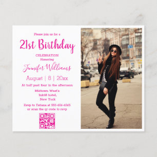 21st birthday photo qr code pink invitation