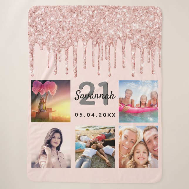 21st birthday photo rose gold blush pink name sherpa blanket (Front)