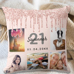 21st birthday photo rose gold glitter blush pink throw pillow<br><div class="desc">A unique gift for a 21st birthday, celebrating her life with a collage of 5 of your own photos, pictures. Personalize and add her name, age 21 and a date. A chic feminine rose gold, blush pink coloured background. Grey and black letters and numbers. Decorated with rose gold faux glitter...</div>