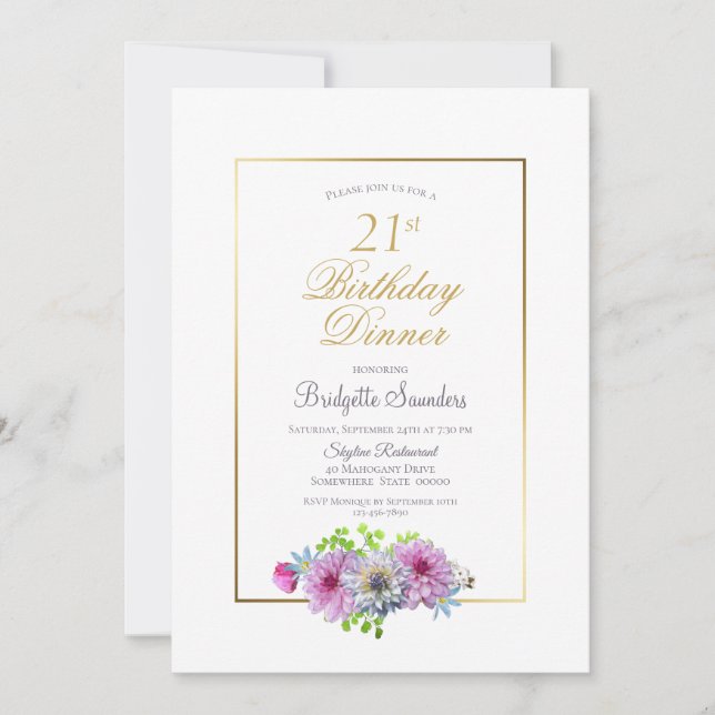21st Birthday Pink Blue Floral Gold Border Dinner Invitation (Front)