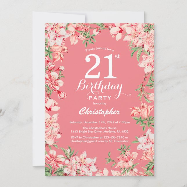 21st Birthday Pink Boho Botanical Floral Flowers Invitation (Front)