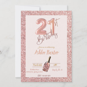 21st Birthday Pink Champange Pink Glitter Invitation