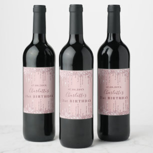 21st birthday pink dusty rose glitter monogram wine label