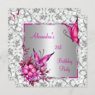 21st Birthday Pink Floral Butterfly Silver White Invitation