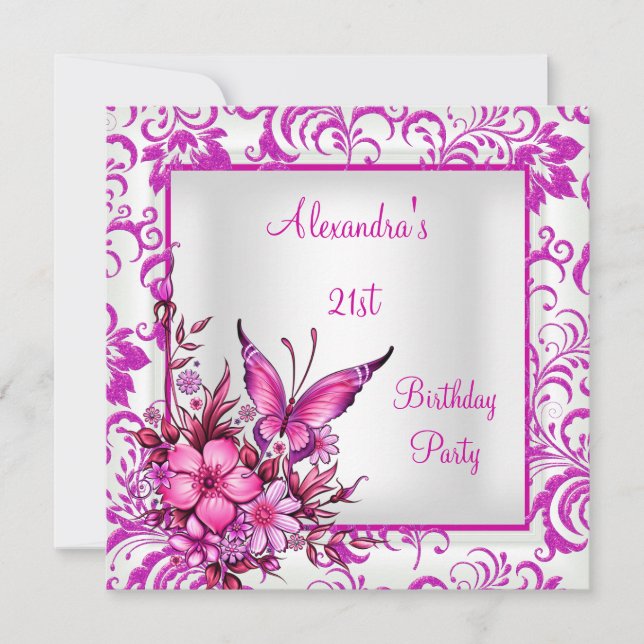 21st Birthday Pink Floral Butterfly Silver White Invitation (Front)
