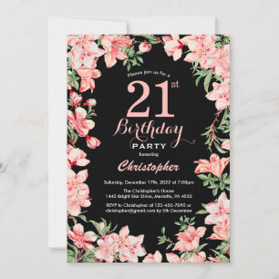 21st Birthday Pink Floral Flowers Black Background Invitation