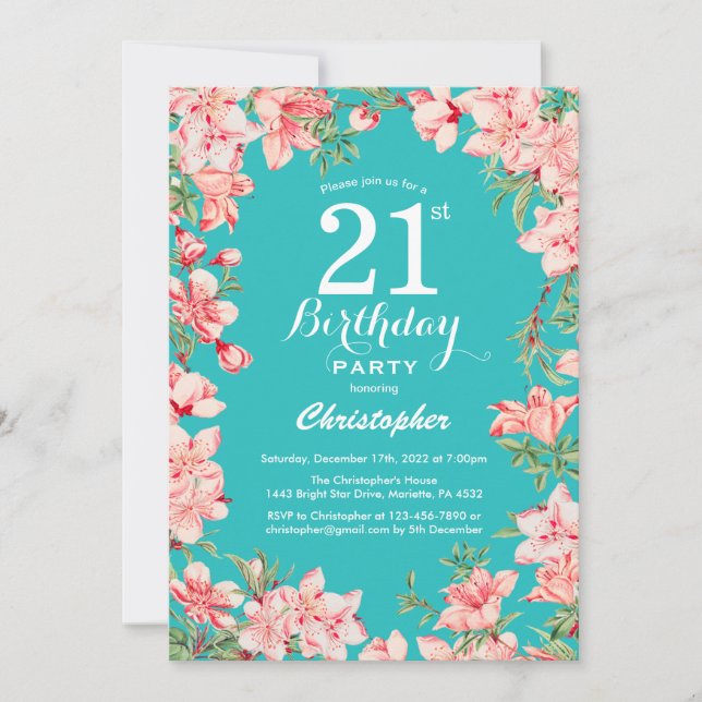 21st Birthday Pink Floral Flowers Teal Background Invitation (Front)