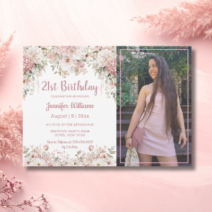  21st birthday pink floral photo budget invitation