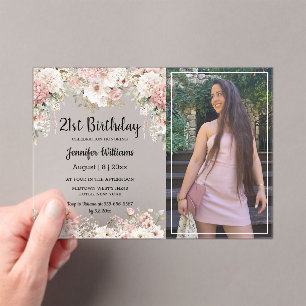  21st birthday pink floral photo party modern acrylic invitations