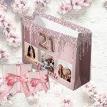 21st birthday pink glitter drips photo monogram large gift bag<br><div class="desc">A gift bag for a girly and glamourous 21st birthday.  A pink background with faux glitter drips,  paint dripping look. Personalize and add 3 photos and a name.  Number 21 is written with a balloon style font. Perfect as a party favour bag or as a gift  bag.</div>