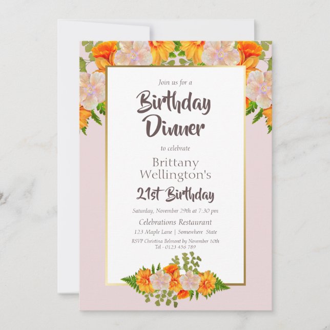 21st Birthday Pink Orange Gold Floral Party Invitation (Front)
