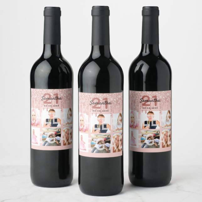 21st birthday pink photo legal drips wine label (Bottles)