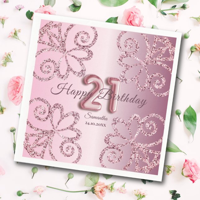 21st Birthday Pink Princess Glitter Balloon Script Napkin (Creator Uploaded)