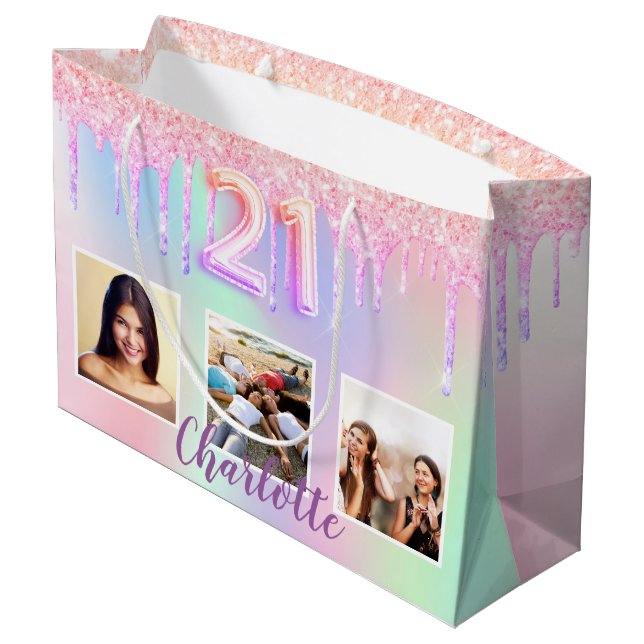 21st birthday pink purple drips photo holographic  large gift bag (Back Angled)