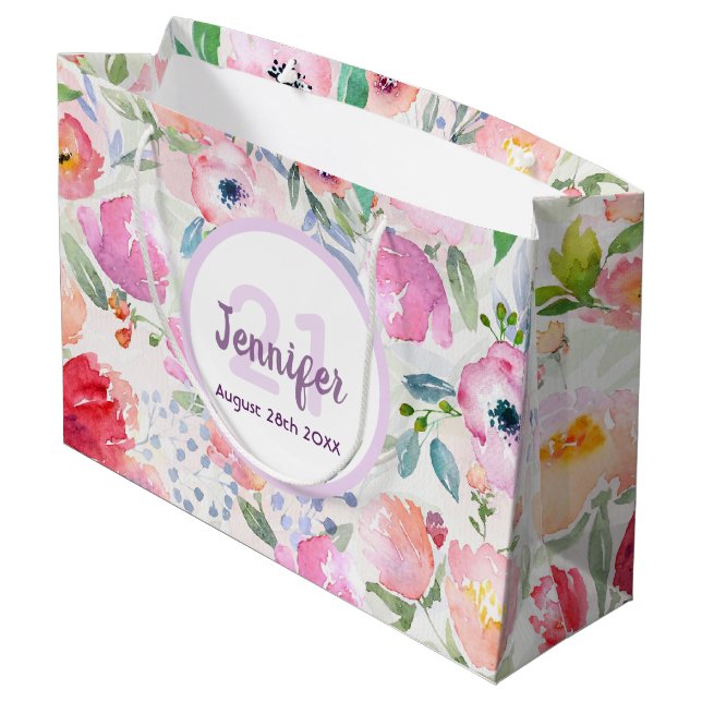 21st birthday pink purple floral name elegant large gift bag (Back Angled)