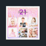 21st birthday pink purple glitter drips name napkin<br><div class="desc">For a glamorous 21st birthday party, celebrating her life with a collage of 6 of your photos. Personalize and add a name, age 21 and a date. Date of birth or the date of the party. Purple and dark gray colored letters. A trendy rainbow colored background in purple, violet, pink...</div>
